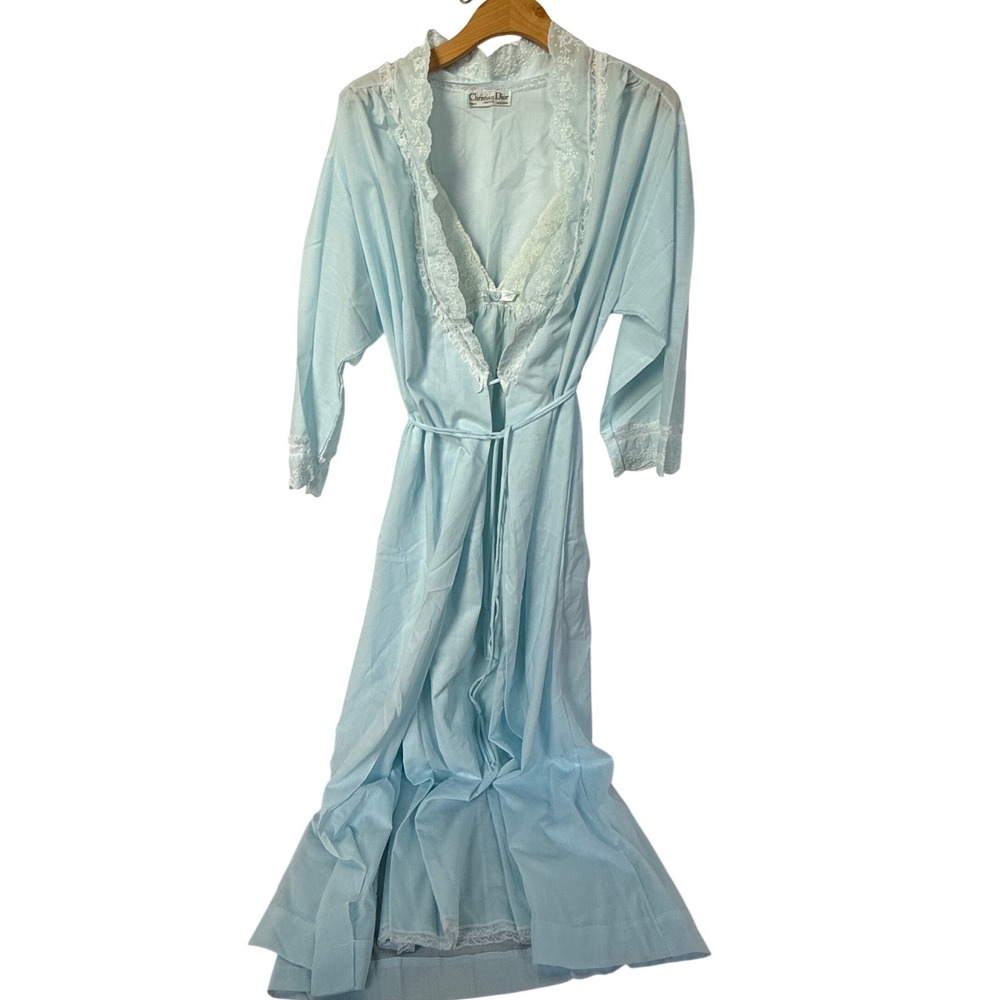 Vtg Christian Dior Lingerie Set Nightgown Robe 70s 80s Blue Romantic Cottagecore - Picture 2 of 11